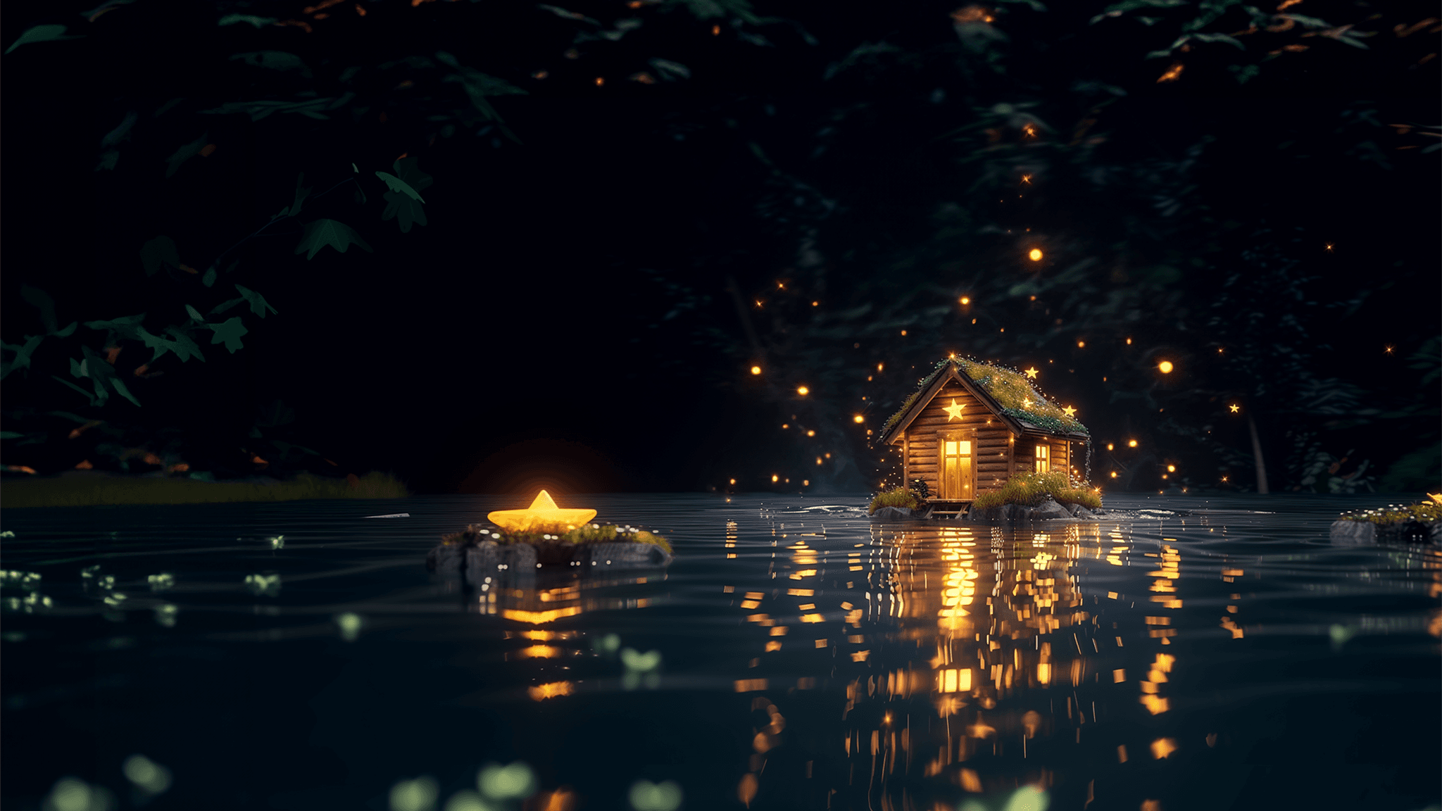 A floating, cinematic cabin on water with fairy lights